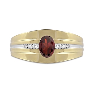 Men's Oval Garnet and 0.15 CT. T.W. Diamond Tri-Sides Grooved Band in 10K Two-Tone Gold|Peoples Jewellers