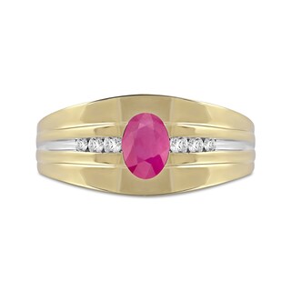 Men's Oval Ruby and 0.15 CT. T.W. Diamond Tri-Sides Grooved Band in 10K Two-Tone Gold|Peoples Jewellers