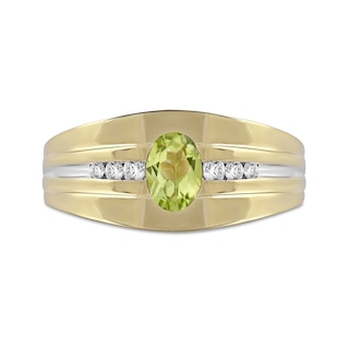 Men's Oval Peridot and 0.15 CT. T.W. Diamond Tri-Sides Grooved Band in 10K Two-Tone Gold|Peoples Jewellers