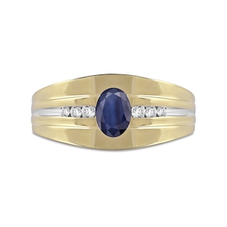 Men's Oval Blue Sapphire and 0.15 CT. T.W. Diamond Tri-Sides Grooved Band in 10K Two-Tone Gold|Peoples Jewellers