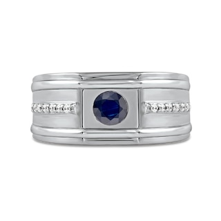 Men's 5.0mm Blue Sapphire and 0.12 CT. T.W. Diamond Side Accent Flat-Top Grooved Band in 10K White Gold|Peoples Jewellers