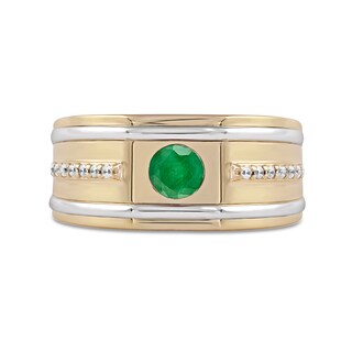Men's 5.0mm Emerald and 0.12 CT. T.W. Diamond Side Accent Flat-Top Grooved Band in 10K Two-Tone Gold|Peoples Jewellers