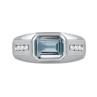 Men's Sideways Octagonal Simulated Aquamarine and White Lab-Created Sapphire Tri-Sides Channel Band in Sterling Silver|Peoples Jewellers