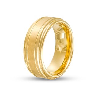 Men's 9.0mm Satin Double Groove Stepped Edge Wedding Band in Tungsten with Yellow Ion-Plate - Size 10|Peoples Jewellers