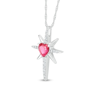 6.0mm Heart-Shaped Lab-Created Ruby and White Lab-Created Sapphire Eight-Point Star Cross Pendant in Sterling Silver|Peoples Jewellers