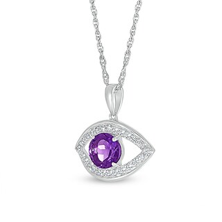 6.0mm Amethyst and White Lab-Created Sapphire Frame Evil Eye Pendant in Sterling Silver|Peoples Jewellers