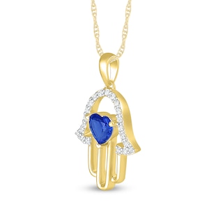 5.0mm Heart-Shaped Blue and White Lab-Created Sapphire Hamsa Pendant in Sterling Silver with 14K Gold Plate|Peoples Jewellers