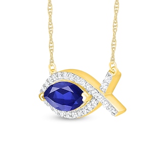 Marquise Blue and White Lab-Created Sapphire Sideways Ichthus Necklace in Sterling Silver with 14K Gold Plate|Peoples Jewellers