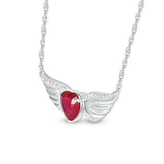 7.0mm Heart-Shaped Lab-Created Ruby and White Lab-Created Sapphire Angel Wings Necklace in Sterling Silver|Peoples Jewellers