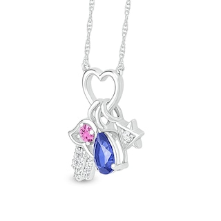 Pear-Shaped Blue, Pink, and White Lab-Created Sapphire Hamsa and Star of David Charms Heart Necklace in Sterling Silver|Peoples Jewellers