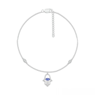 Sideways Marquise Blue and White Lab-Created Sapphire Hamsa Dangle Anklet in Sterling Silver - 10"|Peoples Jewellers