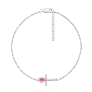 Pear-Shaped Lab-Created Ruby and White Lab-Created Sapphire Sideways Ankh Anklet in Sterling Silver – 10"|Peoples Jewellers
