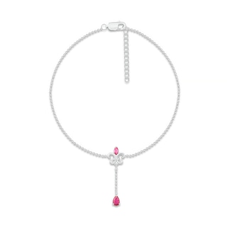 Pear-Shaped and Marquise Lab-Created Ruby and White Lab-Created Sapphire Fleur-de-Lis Drop Anklet in Sterling Silver|Peoples Jewellers
