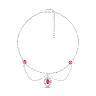 Pear-Shaped and Round Lab-Created Ruby with White Lab-Created Sapphire Chandelier Anklet in Sterling Silver – 10"|Peoples Jewellers
