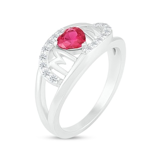 5.0mm Heart-Shaped Lab-Created Ruby and White Lab-Created Sapphire Bypass "MOM" Ring in Sterling Silver|Peoples Jewellers