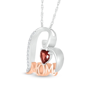 5.0mm Heart-Shaped Garnet and White Lab-Created Sapphire "MOM" Tilted Heart Pendant in Sterling Silver and 10K Rose Gold|Peoples Jewellers