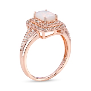 Emerald-Cut Opal and 0.23 CT. T.W. Diamond Double Frame Split Shank Ring in 10K Rose Gold|Peoples Jewellers