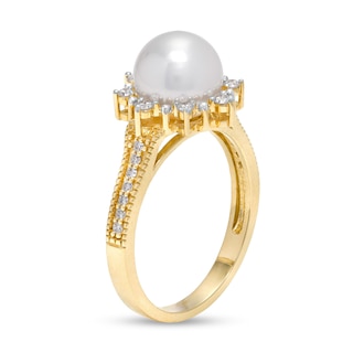 IMPERIAL® 8.0mm Akoya Cultured Pearl and 0.24 CT. T.W. Diamond Frame Sunburst Ring in 14K Gold|Peoples Jewellers