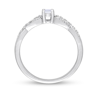 Oval White Lab-Created Sapphire and 0.08 CT. T.W. Diamond Twist Split Shank Promise Ring in Sterling Silver|Peoples Jewellers