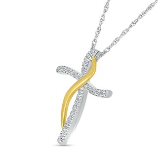0.12 CT. T.W. Diamond Ribbon Wrapped Curved Cross Pendant in Sterling Silver and 10K Gold|Peoples Jewellers