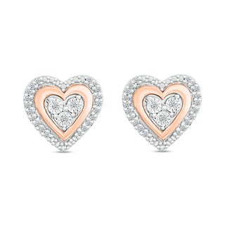 0.10 CT. T.W. Heart-Shaped Multi-Diamond Double Frame Stud Earrings in Sterling Silver and 10K Rose Gold|Peoples Jewellers