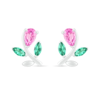 Pear-Shaped Lab-Created Pink Sapphire and Emerald Flower with Stem Stud Earrings in Sterling Silver|Peoples Jewellers