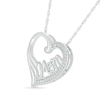 0.066 CT. T.W. Diamond Heart Outline with Cursive "Mom" and Angel Wing Accent Pendant in Sterling Silver|Peoples Jewellers