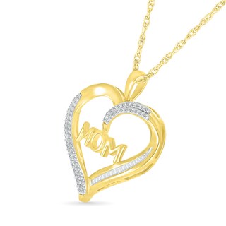 0.18 CT. T.W. Baguette and Round Diamond Ribbon Heart Outline with "MOM" Pendant in Sterling Silver with 14K Gold Plate|Peoples Jewellers