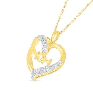 0.23 CT. T.W. Diamond Double Row Ribbon Heart Outline with "MOM" Pendant in Sterling Silver with 14K Gold Plate|Peoples Jewellers