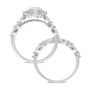 6.5mm White Lab-Created Sapphire and Diamond Accent Scallop Edge Frame Bridal Set in 10K White Gold|Peoples Jewellers