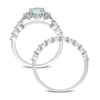6.5mm Aquamarine, White Topaz and 0.06 CT. T.W. Diamond Flower Frame Bridal Set in 10K White Gold|Peoples Jewellers