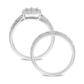 0.25 CT. T.W. Diamond Hexagonal Frame Vintage-Style Art Deco Bridal Set in Sterling Silver|Peoples Jewellers
