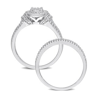 0.25 CT. T.W. Diamond Oval Frame Beaded Multi-Row Bridal Set in Sterling Silver|Peoples Jewellers