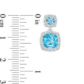 Cushion-Cut Swiss Blue Topaz and White Lab-Created Sapphire Frame Double Drop Earrings in Sterling Silver|Peoples Jewellers