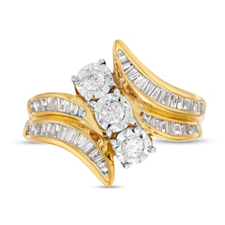 1.00 CT. T.W. Diamond Past Present Future® Trio Slant Double Row Bypass Engagement Ring in 10K Gold|Peoples Jewellers