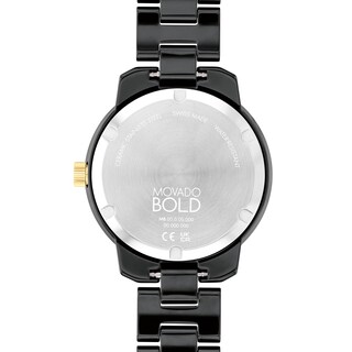 Ladies' Movado Bold® Verso Gold-Tone IP and Black Ceramic Watch with Black Dial (Model: 3600936)|Peoples Jewellers