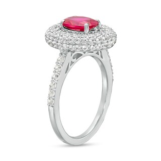 Oval Lab-Created Ruby and White Lab-Created Sapphire Stacked Multi-Row Frame Ring in Sterling Silver|Peoples Jewellers