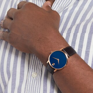 Men's Movado Museum Classic Rose-Tone IP Brown Leather Strap Watch with Blue Dial (Model: 0607597)|Peoples Jewellers