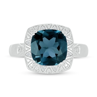 9.0mm Cushion-Cut London Blue Topaz and Diamond Accent Beaded Zig-Zag Frame Ring in Sterling Silver|Peoples Jewellers