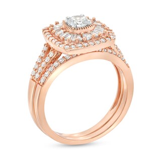 0.95 CT. T.W. Diamond Baguette and Round Double Cushion Frame Split Shank Bridal Set in 10K Rose Gold|Peoples Jewellers