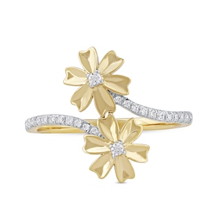 0.15 CT. T.W. Diamond Double Flower Bypass Ring in Sterling Silver with 14K Gold Plate|Peoples Jewellers