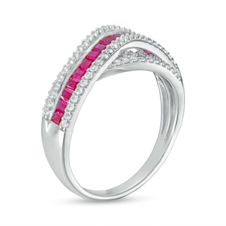 Baguette Lab-Created Ruby and White Lab-Created Sapphire Curved Crossover Band in 10K White Gold|Peoples Jewellers