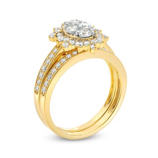 0.95 CT. T.W. Oval-Shaped Multi-Diamond Alternating Flower Frame Bridal Set in 10K Gold (J/I3)|Peoples Jewellers