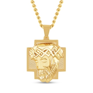 Men's Crucifix Jesus' Face Cross Pendant in Stainless Steel with Yellow Ion Plate - 24"|Peoples Jewellers