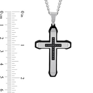 Men's 0.15 CT. T.W. Black Diamond Mini-Cross Inlay Outline Pendant in Stainless Steel and Black Ion Plate - 24"|Peoples Jewellers