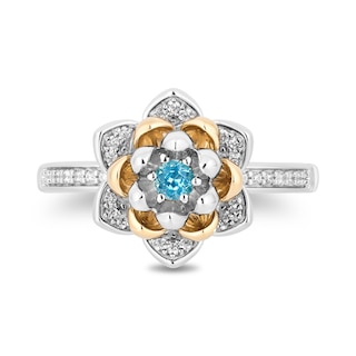 Enchanted Disney Jasmine 3.0mm Swiss Blue Topaz and 0.145 CT. T.W. Diamond Flower Ring in Sterling Silver and 10K Gold|Peoples Jewellers