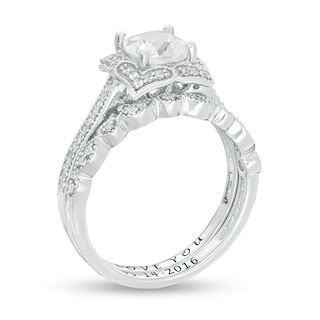 Cushion-Cut White Lab-Created Sapphire and 0.23 CT. T.W. Diamond Engravable Bridal Set in Sterling Silver (2 Lines)|Peoples Jewellers