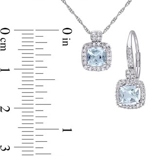 5.0mm Cushion-Cut Aquamarine and 0.29 CT. T.W. Diamond Frame Pendant and Drop Earrings Set in 10K White Gold - 17"|Peoples Jewellers
