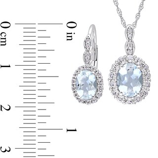 Oval Aquamarine, White Topaz, and 0.065 CT. T.W. Diamond Frame Pendant and Drop Earrings Set in 14K White Gold - 17"|Peoples Jewellers