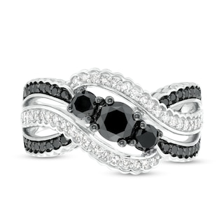 1.18 CT. T.W. Black and White Diamond Three Stone Bypass Engagement Ring in 10K White Gold|Peoples Jewellers